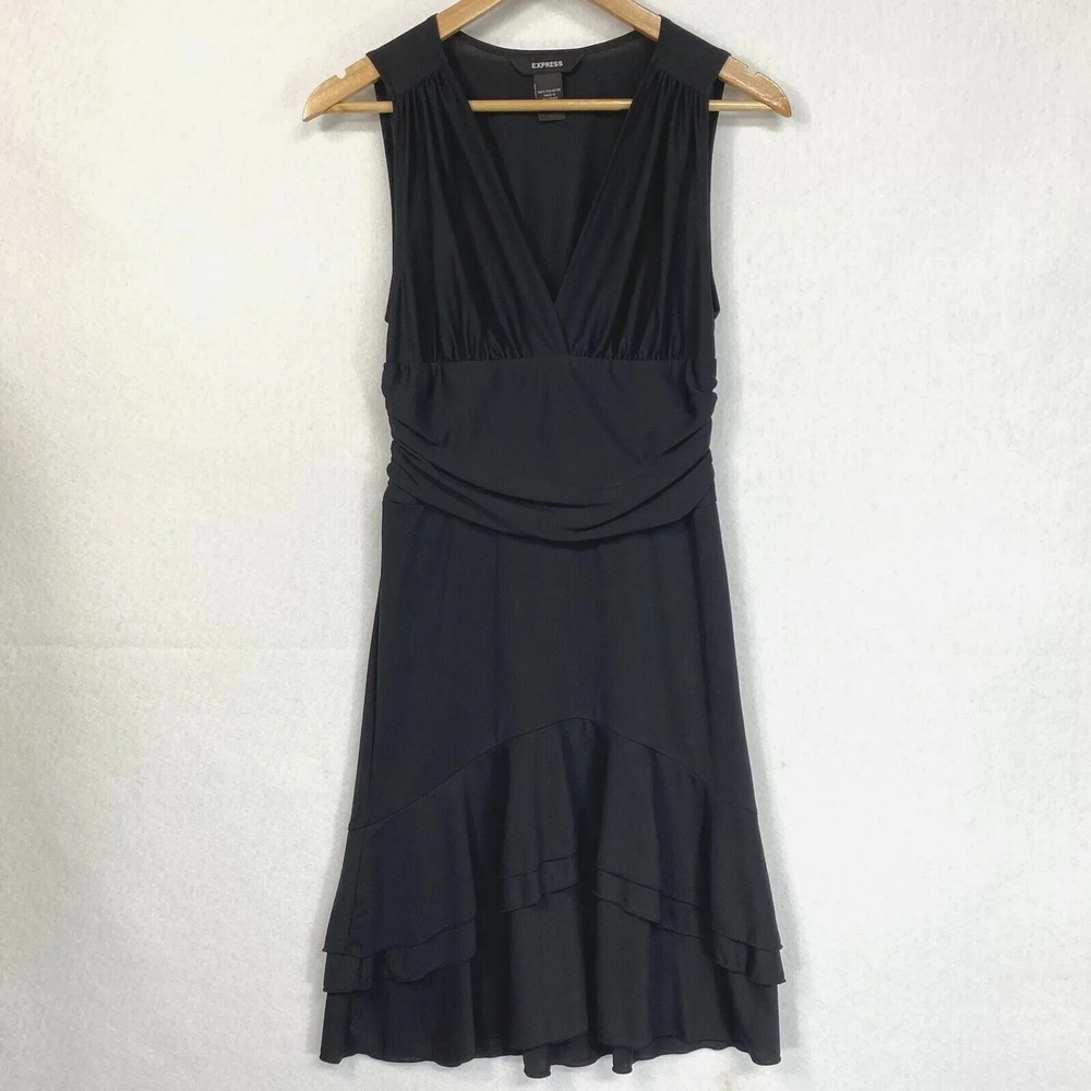 VTG Express Little Black Dress Womens 6 Ruched V-Neck Sleeveless Formal Y2K